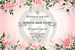 Postcard with delicate flowers roses. Wedding invitation, thank you, save the date cards, menu, flyer, banner template