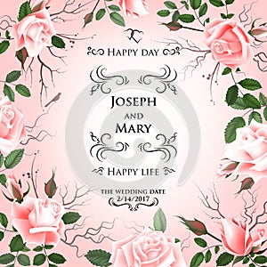 Postcard with delicate flowers roses. Wedding invitation, thank you, save the date cards, menu, flyer, banner template