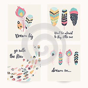 Postcard design with inspirational quote and bohemian colorful feathers