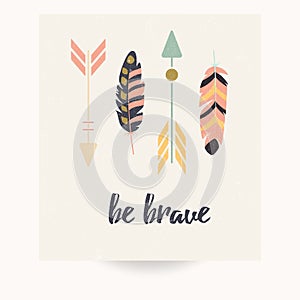 Postcard design with inspirational quote and bohemian colorful feathers