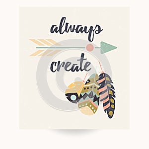 Postcard design with inspirational quote and bohemian colorful feathers