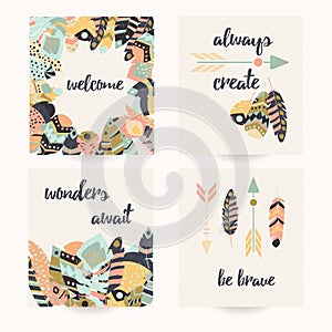 Postcard design with inspirational quote and bohemian colorful feathers