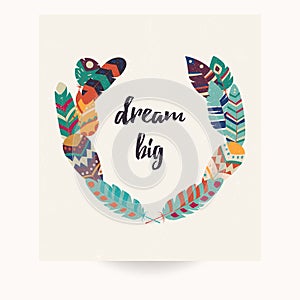Postcard design with inspirational quote and bohemian colorful feathers