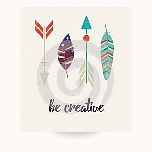 Postcard design with inspirational quote and bohemian colorful feathers