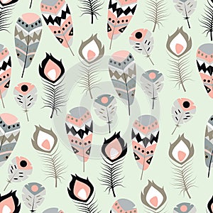 Seamless pattern with boho vintage tribal ethnic colorful vibrant feathers