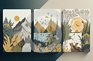 Postcard design with watercolors, leaves, mountains and nature. Harmonize with soft tones.generative ai