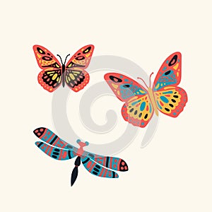Postcard dragonfly in the grass. Cute butterfly in the tropics of the forest. Poster hovering, multicolored, winged