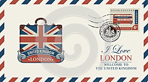 Postcard or envelope with suitcase and UK flag