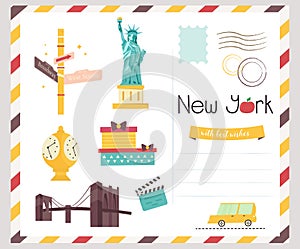 Postcard with famous New York destinations, symbol