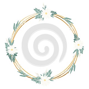 Postcard with flowers and leaves. Design concept for cards, labels and wedding invitations. Bouquets of flowers and golden round