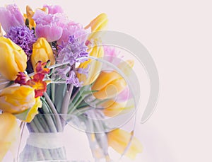 Greeting Card. Bouquet of Colorful Mixed Flowers - Tulips in a Vase. Floristics photo