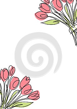 Postcard frame, with copyspace, with linart flowers tulips, peonies,roses. Vector illustration on white background