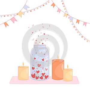 Postcard in gentle colors with garlands, flags and confetti, hearts in a jar for Valentine's Day and burning candles