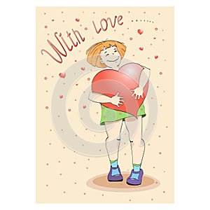 Postcard girl holding a heart. Vector.