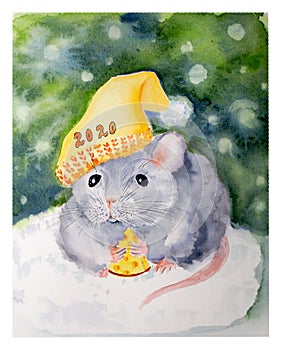 Postcard with a Gray mouse in a Christmas cap with a piece of cheese, painted in watercolor on a white background.