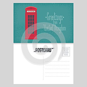 Postcard from Great Britain vector illustration with red phone booth