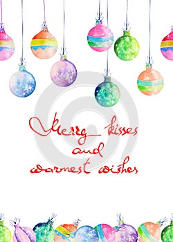 Postcard, greeting card or invitation with watercolor colored Christmas balls