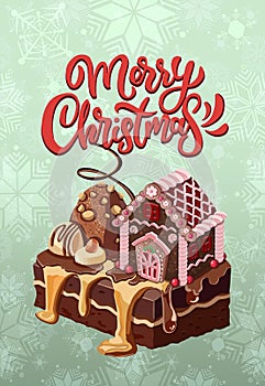 Postcard with hand drawnin gingerbread house isolated on night background. Christmas cookies and snowflakes