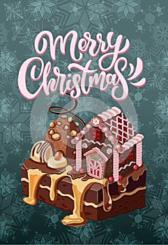 Postcard with hand drawnin gingerbread house isolated on night background. Christmas cookies and snowflakes