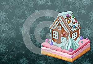 Postcard with hand drawnin gingerbread house isolated on night background. Christmas cookies and snowflakes