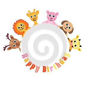 Postcard Happy Birthday, cute animals. Blank space for text baby animals, vector illustration