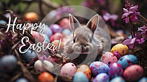 Postcard 'Happy Easter' with Text. Cute Little Gray Bunny Sitting in Flowers Among