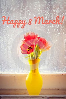 Postcard Happy March 8. Greeting card for the holiday. International Women`s Day. Holiday for girls