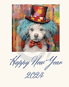 postcard Happy New Year 2024 portrait of a Bichon Friese