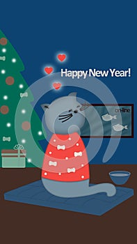 Postcard happy new year with cute cat