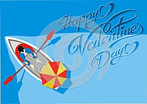 Postcard-happy Valentine`s Day Date in the boat. Couple in love riding in a boat-top view.