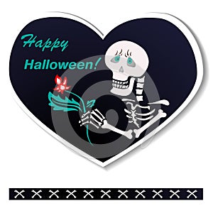 Postcard heart shaped. Skeleton wishes a Happy Halloween