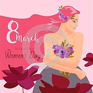 Postcard with International Women\'s Day on March 8, with a beautiful girl