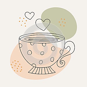 Postcard, line icon with crumb, hearts, spots and dots. Valentine\'s day elements and wedding doodles. Design for prints