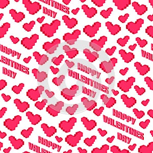 Postcard, love message or Happy Valentines Day banner pixel art with pink hearts seamless pattern
