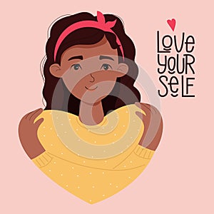 Postcard Love yourself. beautiful dark-skinned girl hugs herself. Concept Love yourself and find time for yourself and