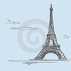 Postcard `Loved Paris`. Vector illustration with the image of the Eiffel Tower