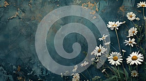 Postcard for a magazine cover, white daisies on a dark background, with a free blank space on the right side, photo