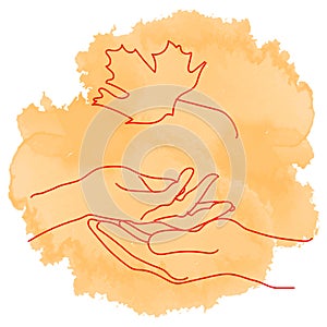 Postcard with of A mans palm hold a womans palm, into which a maple leaf falls. Autumn love concept. Digital watercolor