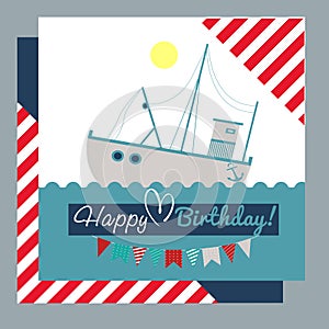 Postcard marine motive Happy birthday with boat  Basic CMYK