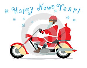 Postcard with the New Year. Santa Claus biker riding a motorcycle chaper