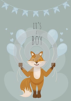 Postcard newborn, it's a boy, a fox with blue balloons.