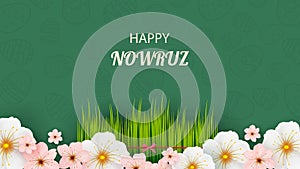 Postcard with Novruz holiday. Novruz Bayram background template. Spring flowers, painted eggs and wheat germ. Festive