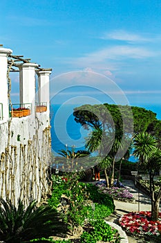 A postcard overlooking the garden and terrace of Villa Rufolo and the Tyrrhenian Sea. Ravello, Campania, Italy