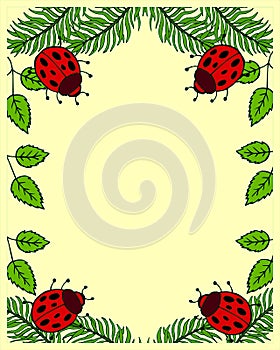 Postcard, pattern for an inscription, vector summer illustration, ladybugs and colorful leaves