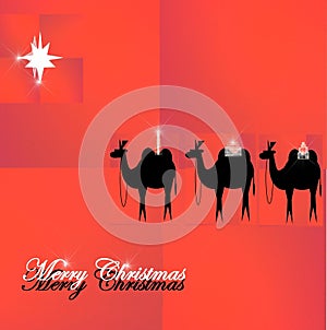 Postcard with picture of three camels with gifts of magi, starry and inscription Merry Christmas