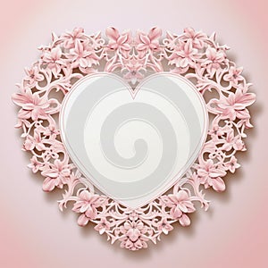 Postcard pink, heart-shaped,decorated with flowers on the edge,Valentine pastel tones sweet pink romantic background,Generated AI