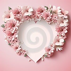 Postcard pink, heart-shaped,decorated with flowers on the edge,Valentine pastel tones sweet pink romantic background,Generated AI