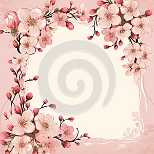 Postcard pink, heart-shaped,decorated with flowers on the edge,Valentine pastel tones sweet pink romantic background,Generated AI