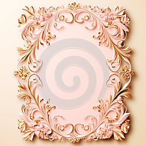 Postcard pink, heart-shaped,decorated with flowers on the edge,Valentine pastel tones sweet pink romantic background,Generated AI