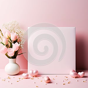 Postcard pink, heart-shaped,decorated with flowers on the edge,Valentine pastel tones sweet pink romantic background,Generated AI